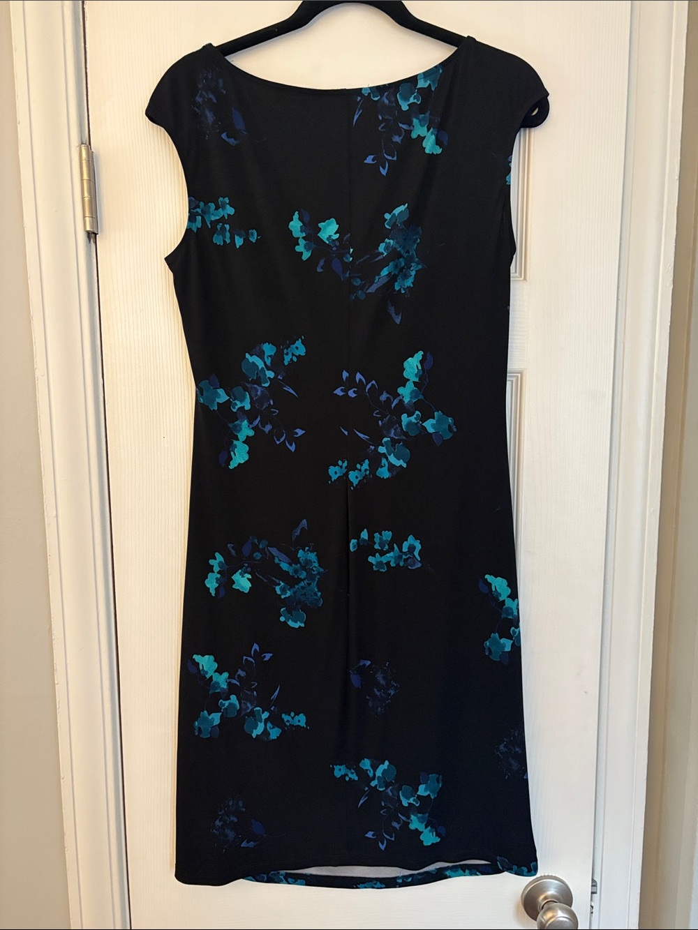 Lauren Ralph Lauren Black Teal Floral Side Ruched Cap Sleeve Sheath Dress 12 - Picture 4 of 5